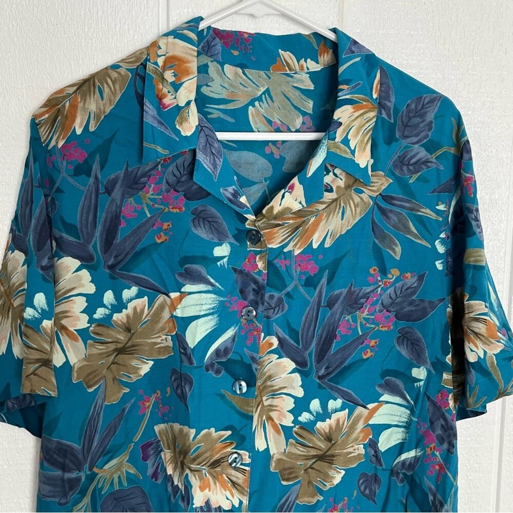 Vintage Colorful Women's Hawaiian Shirt Short Sleeve Teal Blue Aqua Floral XL - Picture 3 of 9